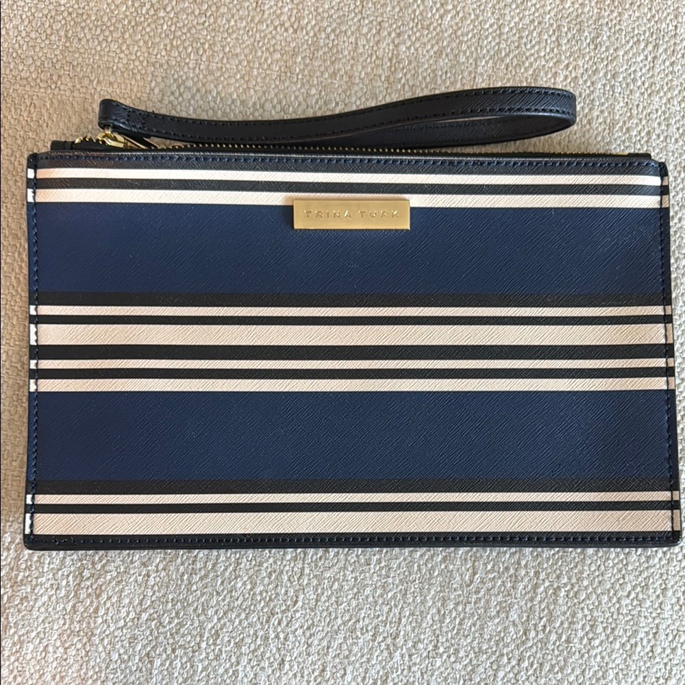 Trina Turk Navy and Cream Striped Pouch Wristlet
